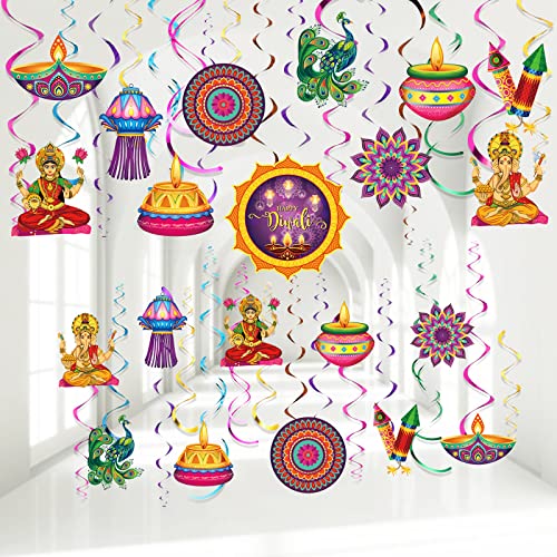 Clabby 51 Pcs Happy Diwali Party Decorations Hanging Swirl Deepavali Window Door Hanging Ornament for Indian Diwali Deepavali Light Festival Party Supplies - Image 1