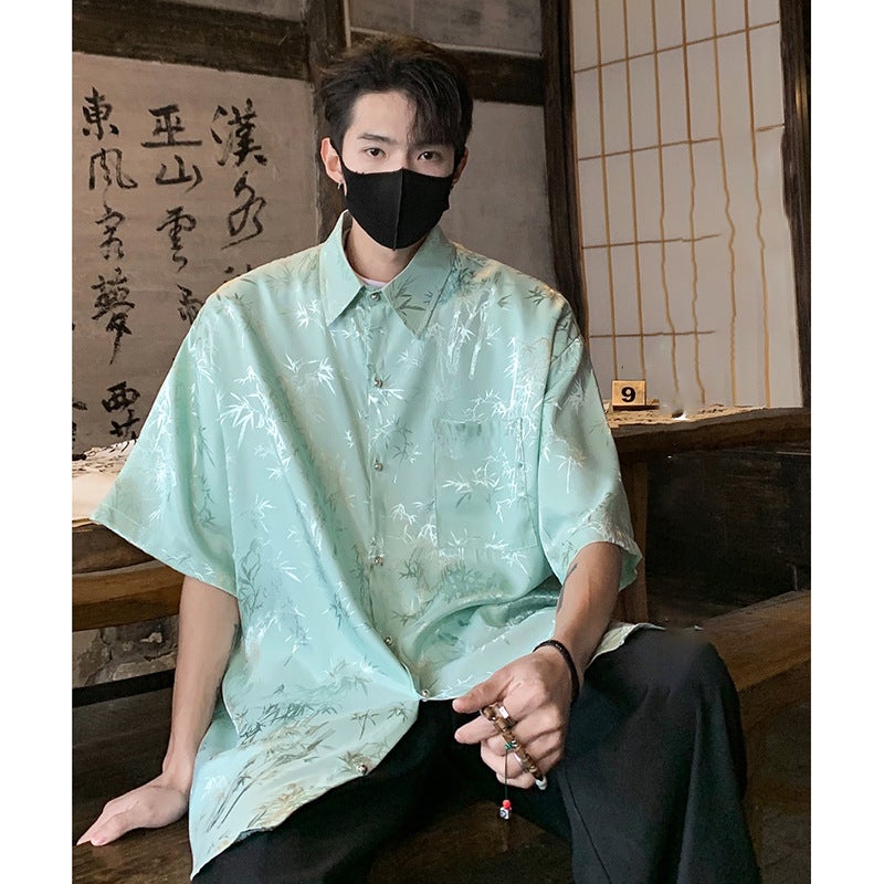 Mint Green New Chinese Hanfu Chinese Style Top Summer Shirt Short-sleeved Mens High-grade Faggot Handsome Kimono Taoist Robe Green
