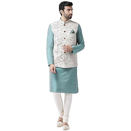 KISAH Men Green White Printed Kurta with Churidar, Full Sleaves, Knee Length, Straight, Regular Fit, Mandarin Collar Ethnic Wear-44 - Image 1