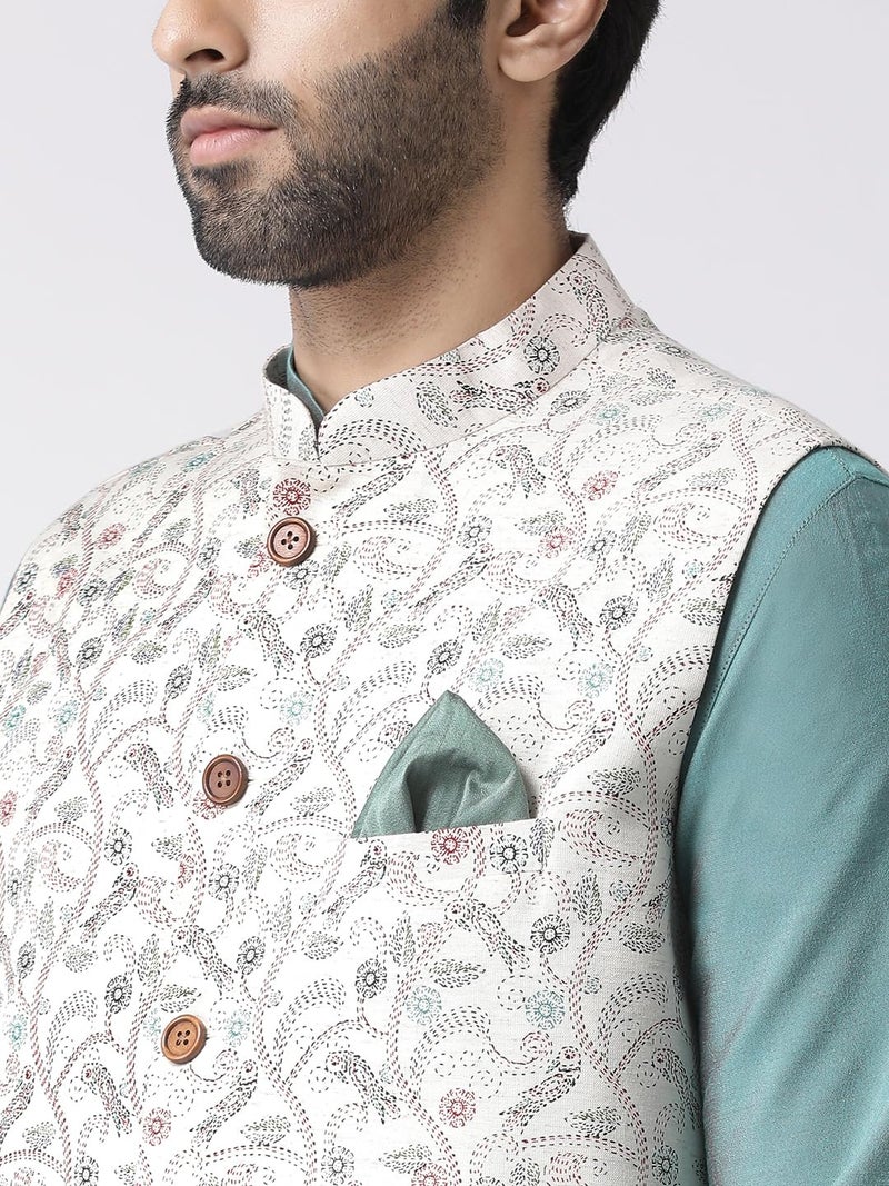 KISAH Men Green White Printed Kurta with Churidar, Full Sleaves, Knee Length, Straight, Regular Fit, Mandarin Collar Ethnic Wear-44 - Image 4