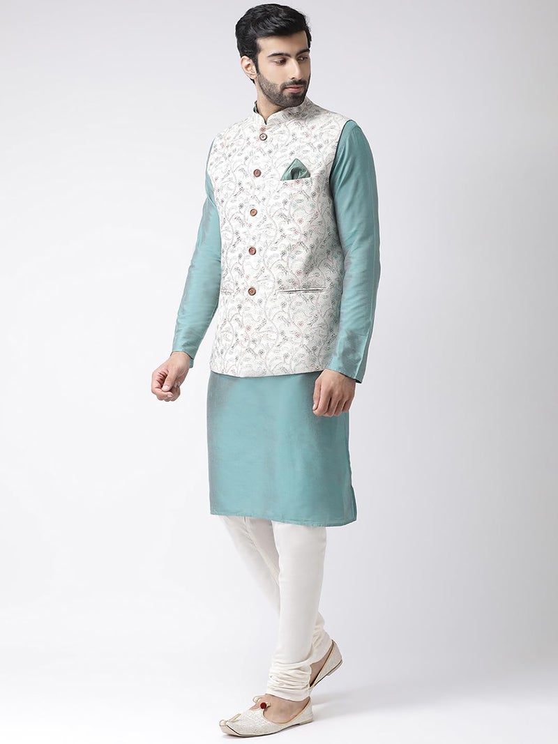 KISAH Men Green White Printed Kurta with Churidar, Full Sleaves, Knee Length, Straight, Regular Fit, Mandarin Collar Ethnic Wear-44 - Image 3