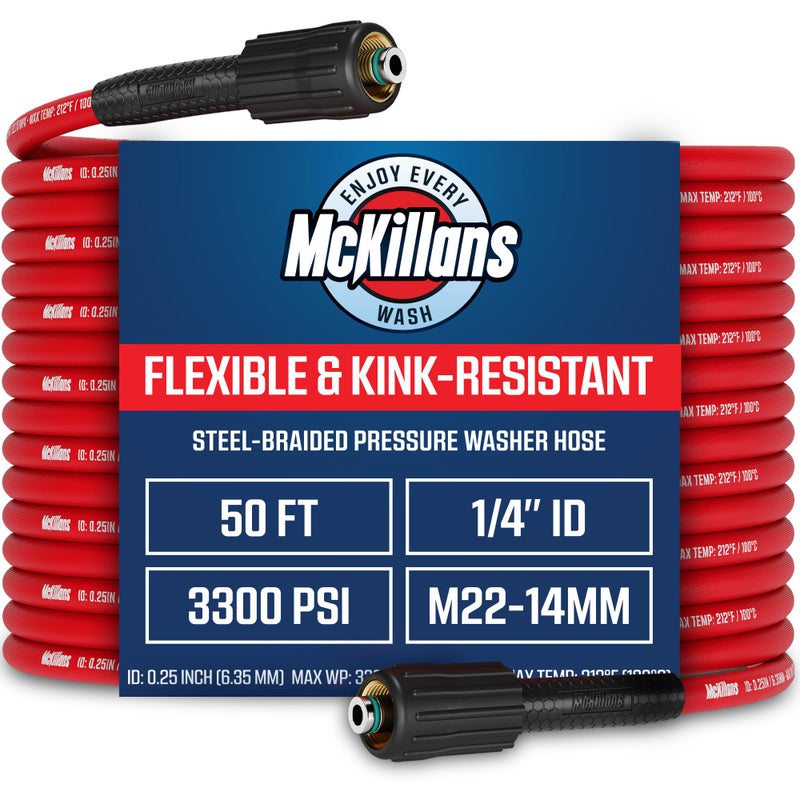 McKillansÂ® Pressure Washer Hose 50 ft - Flexible & Kink-resistant - Steel-Braided & Durable- M22-14mm Stainless Steel Plug - Power Washer Hose - High Pressure 1/4" Inner Diameter - Long 50 ft Reach - Image 1