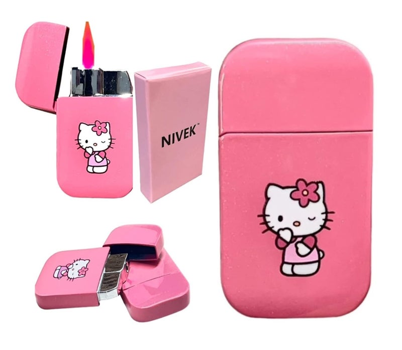 NIVEK Kitty Lighter Pink Flame KT Cat Dress Pink Top Torch Pocket Size Glitter Y2K Refillable Kawaii Windproof Flame Anime with Box - Image 1