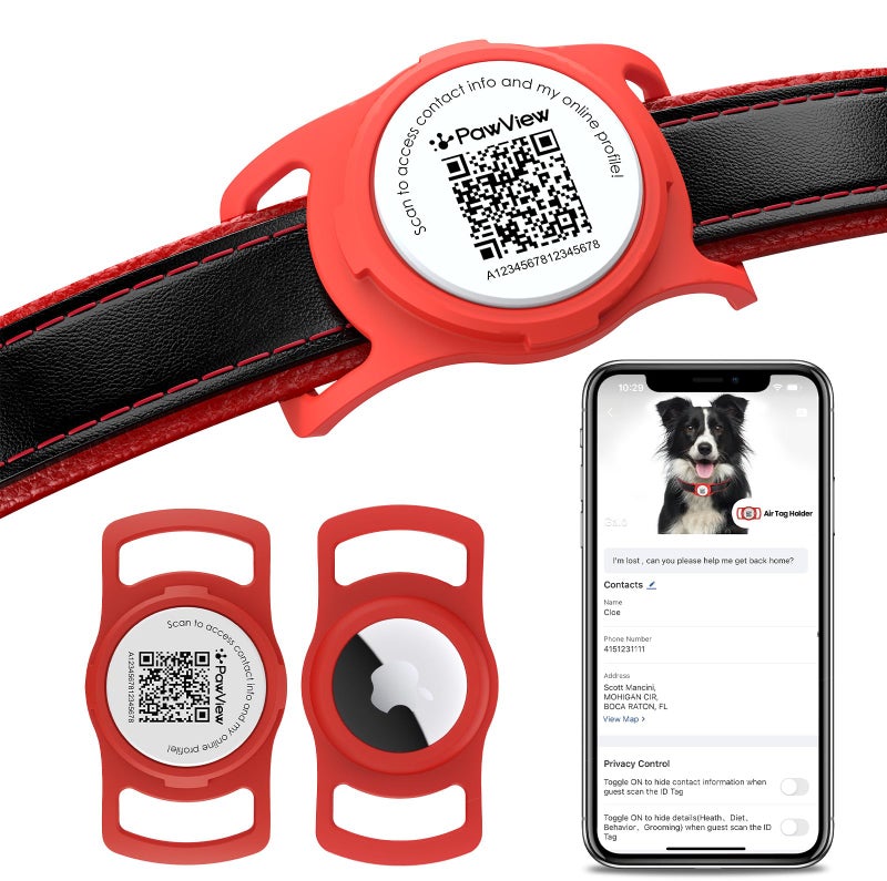PawView for AirTag Dog Collar Holder with QR Code,Scan Alert, Instant Location, Pet Online Profile, Contacts Info, APP Remote Control, for AirTag Accessories (1 Pack, Red) - Image 1