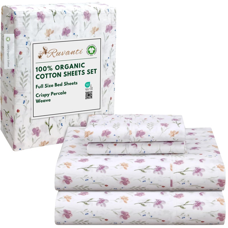 RUVANTI 100% Organic Cotton Sheets Full Size, Percale Weave, GOTS Certified, 4-Piece Set, Deep Pocket 15", Crisp & Breathable, Soft Durable Bedding, SÃ¡banas AlgodÃ³n OrgÃ¡nico â€“ Obsessed Stems - Image 1