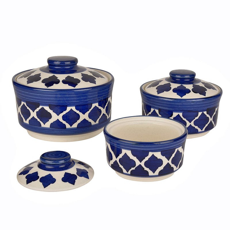 StyleMyWay StyleMyWay Studio Pottery Handpainted Ceramic Serving Donga with Lid Casserole Set Set of 3 Blue Dinner Serving Set Stackable Kitchen Bowl Set  - Image 3