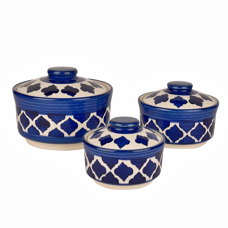 StyleMyWay StyleMyWay Studio Pottery Handpainted Ceramic Serving Donga with Lid Casserole Set Set of 3 Blue Dinner Serving Set Stackable Kitchen Bowl Set  - Image 2