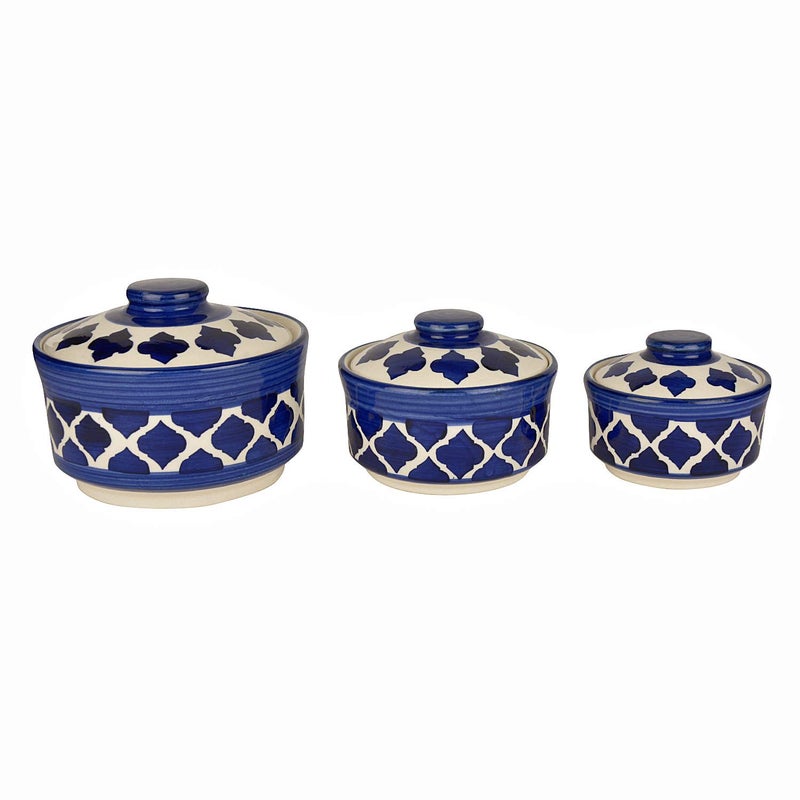 StyleMyWay StyleMyWay Studio Pottery Handpainted Ceramic Serving Donga with Lid Casserole Set Set of 3 Blue Dinner Serving Set Stackable Kitchen Bowl Set  - Image 4