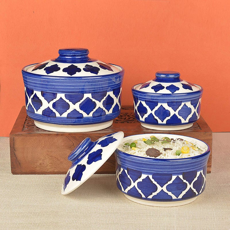 StyleMyWay StyleMyWay Studio Pottery Handpainted Ceramic Serving Donga with Lid Casserole Set Set of 3 Blue Dinner Serving Set Stackable Kitchen Bowl Set  - Image 1