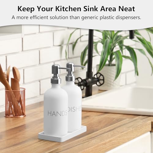 GCWSTJK White Dish and Hand Soap Dispenser Set - Glass Kitchen Soap Dispenser with Tray and Stainless Steel Pump - for White Kitchen Decor and Accessories - Image 5