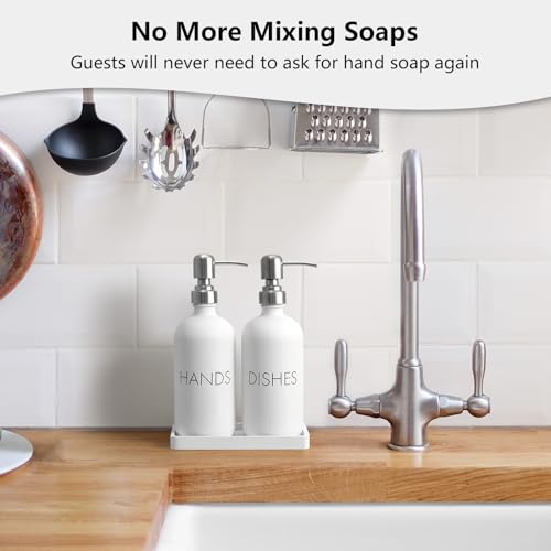 GCWSTJK White Dish and Hand Soap Dispenser Set - Glass Kitchen Soap Dispenser with Tray and Stainless Steel Pump - for White Kitchen Decor and Accessories - Image 3