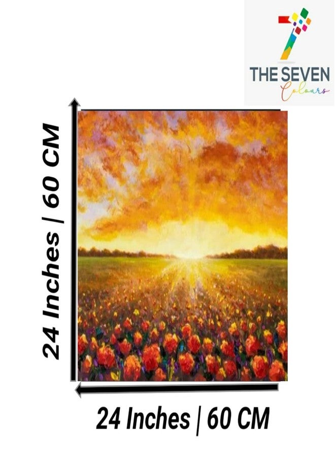 The Seven Colours لوحة فنية جدارية تجريدية حديثة لغرفة المعيشة، تصور شروق الشمس الجميل في حقل عباد الشمس بألوانه السبعة (24 × 24 بوصة) (مع إطار). - Image 5