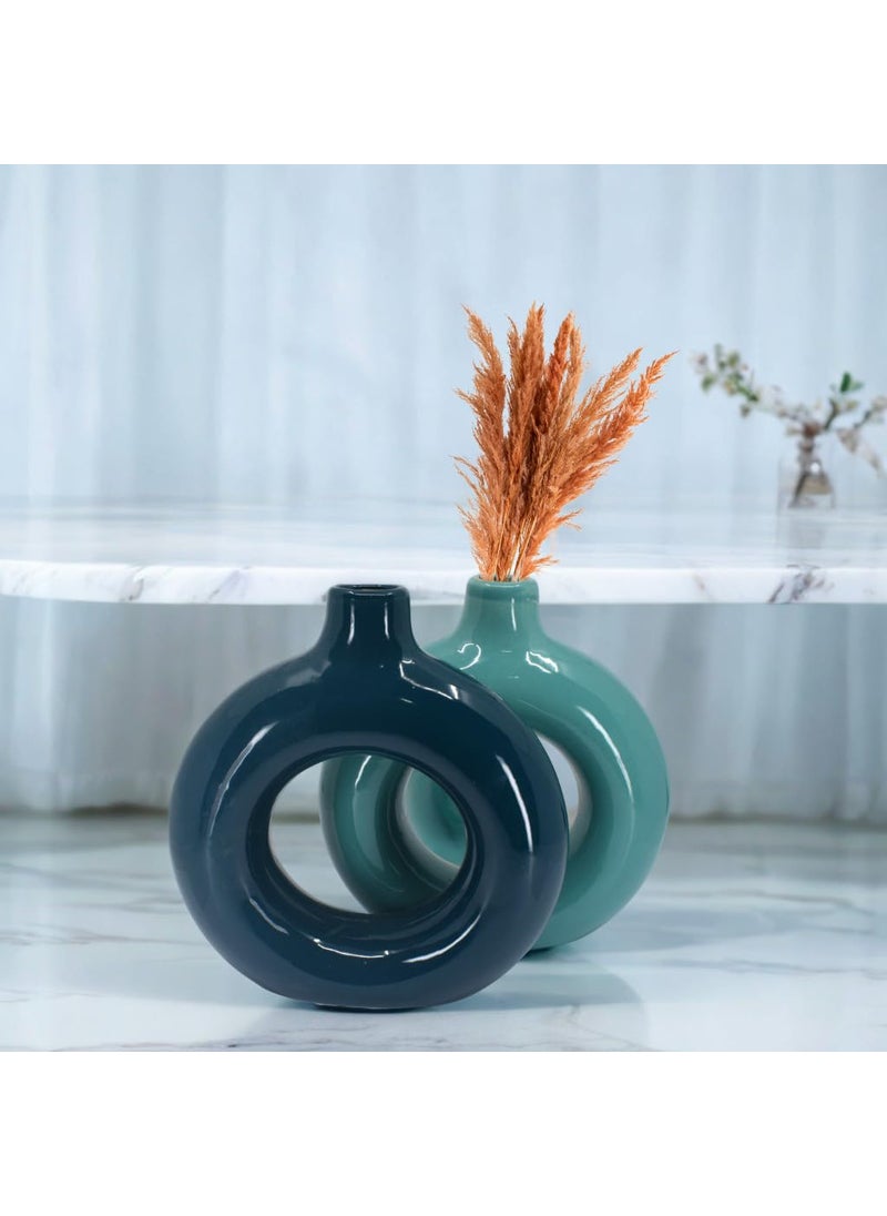 The Decor Lane - The Decor Lane Artisan Crafted Ceramic Donut Shaped Vase for Pampas Grass | for Unique Home Décor | Ceramic Donut Vase, Flower Vase Pampas Grass Vase (T.BLU-D.BLU, 6 INCHES Pack of 2) - Image 1