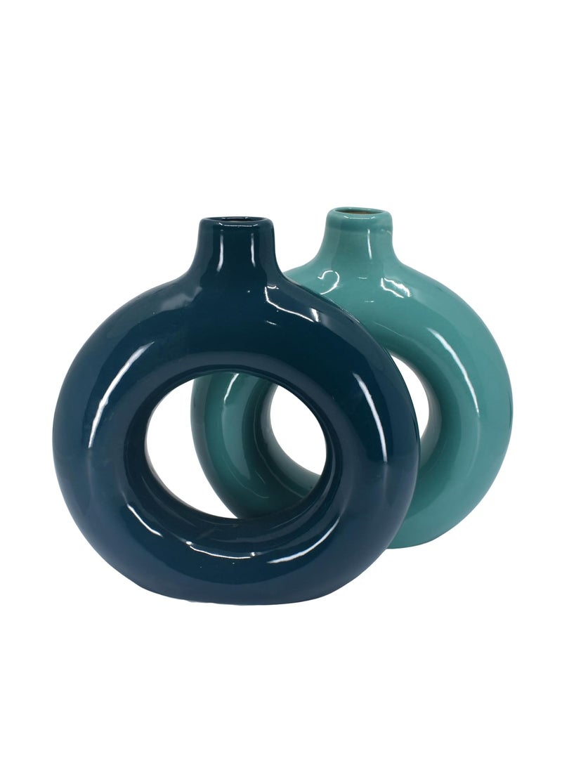 The Decor Lane - The Decor Lane Artisan Crafted Ceramic Donut Shaped Vase for Pampas Grass | for Unique Home Décor | Ceramic Donut Vase, Flower Vase Pampas Grass Vase (T.BLU-D.BLU, 6 INCHES Pack of 2) - Image 1