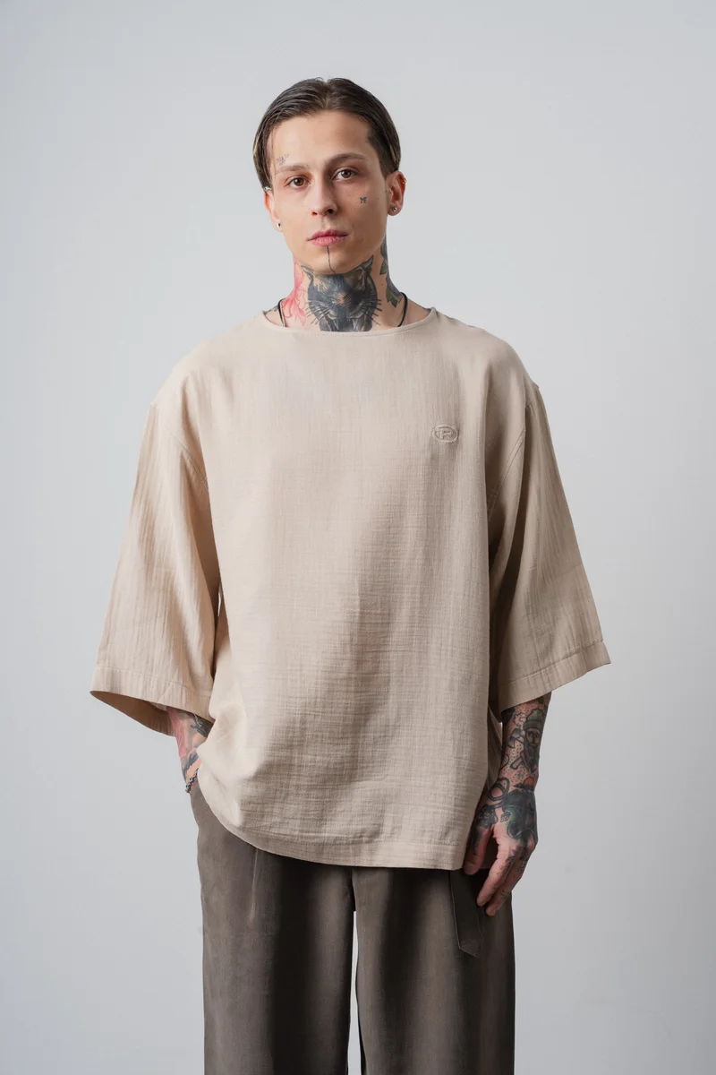 Respire Men's R Embroidered Poor Sleeve Muslin Oversize T-Shirt Beige
