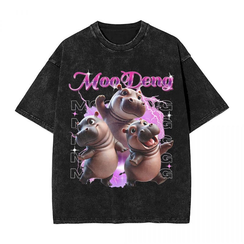 Man T Shirt Baby Pygmy Hippo Moodeng Washed T-Shirts Nding - Image 1