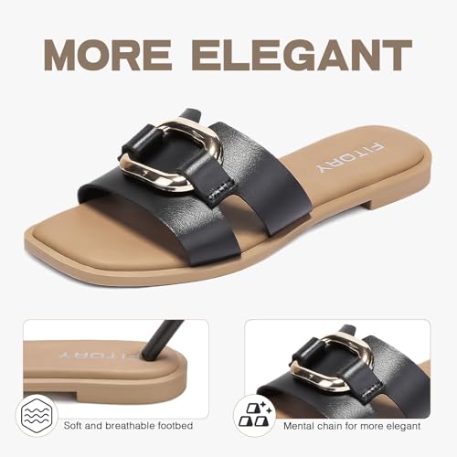 FITORY Women's Flat Sandals Fashion Square Open Toe Slides With Metal Chain Slippers for Summer Size 8 Black - Image 3