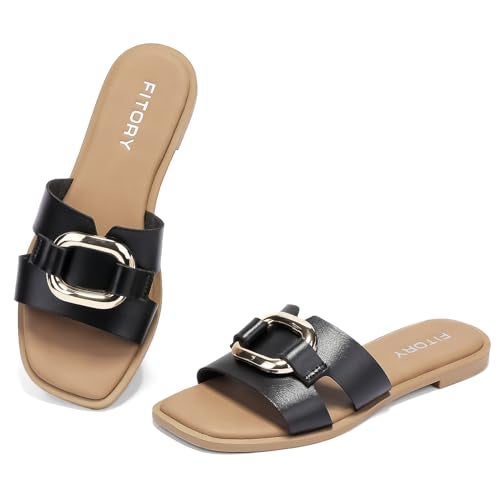 FITORY Women's Flat Sandals Fashion Square Open Toe Slides With Metal Chain Slippers for Summer Size 8 Black - Image 1