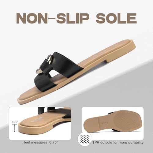 FITORY Women's Flat Sandals Fashion Square Open Toe Slides With Metal Chain Slippers for Summer Size 8 Black - Image 2