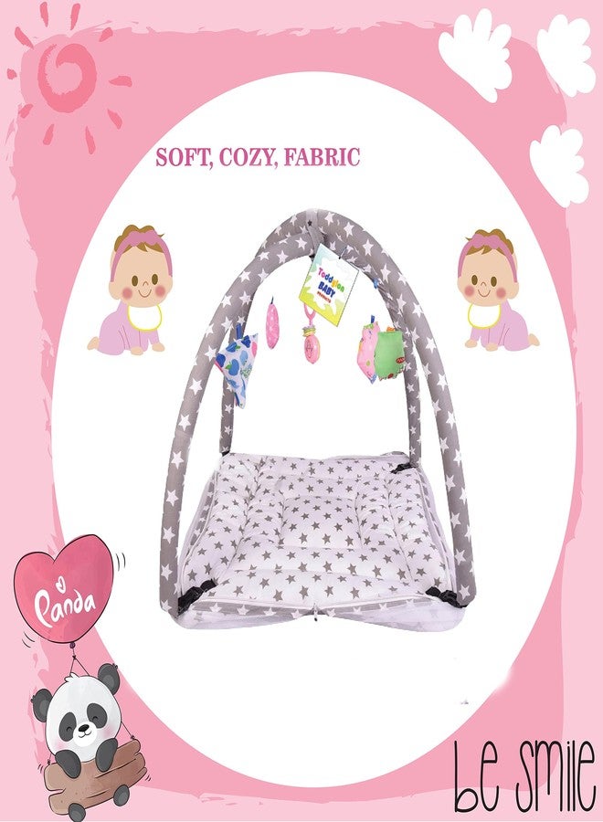 Toddylon Newborn Baby Play Gym with Mosquito Net | Cotton Mat with Hanging Toys | Crawling Playmat & Bedding Set (Grey Star, 0-6 Months, 1 Count) - Image 2