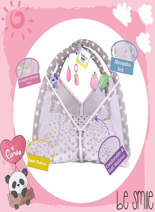 Toddylon Newborn Baby Play Gym with Mosquito Net | Cotton Mat with Hanging Toys | Crawling Playmat & Bedding Set (Grey Star, 0-6 Months, 1 Count) - Image 3