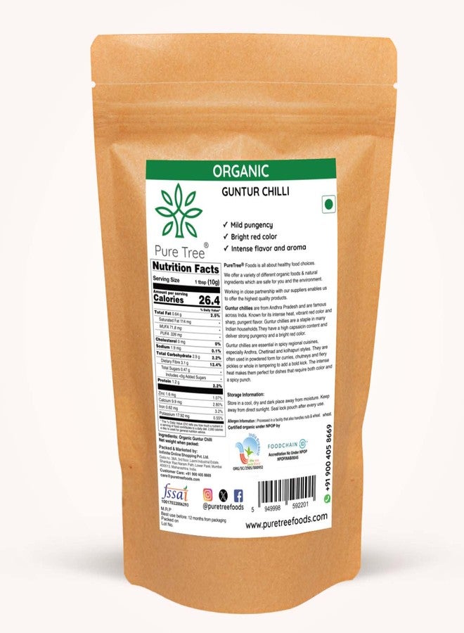Pure Tree Certified Organic Guntur Mirchi Whole | 200 g | Stemless Guntur Red Chilli Dry | Red Chilly Dried Whole Guntur | Guntur Chilli | Organic Guntur Red Chillies For Pungent Flavor - Image 2