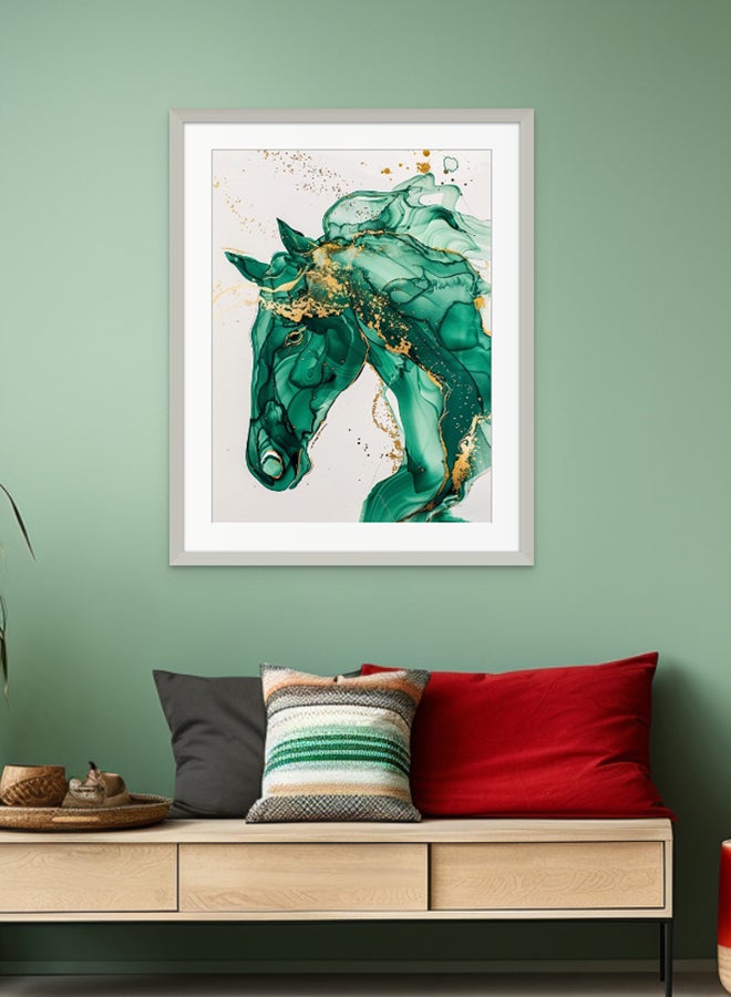 Art Decor Art Decor Green and Gold Horse Watercolor Abstract Water Color Ink Art with Matboard Wall Art Framed Fine Art Wall Décor for Living Room Bedroom Dining Room Office Gifting - Image 1