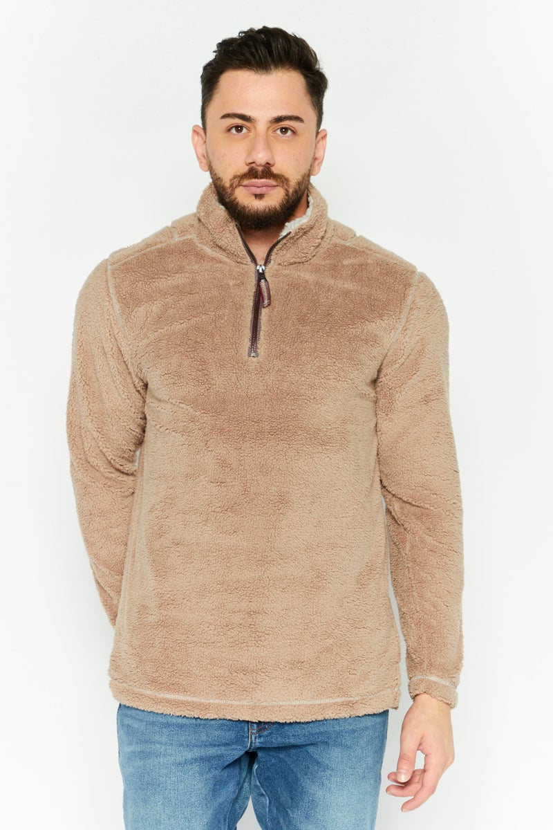 TRUE GRIT Men Mock Neck Plain Long Sleeves Sweatshirt, Tan  - Image 1