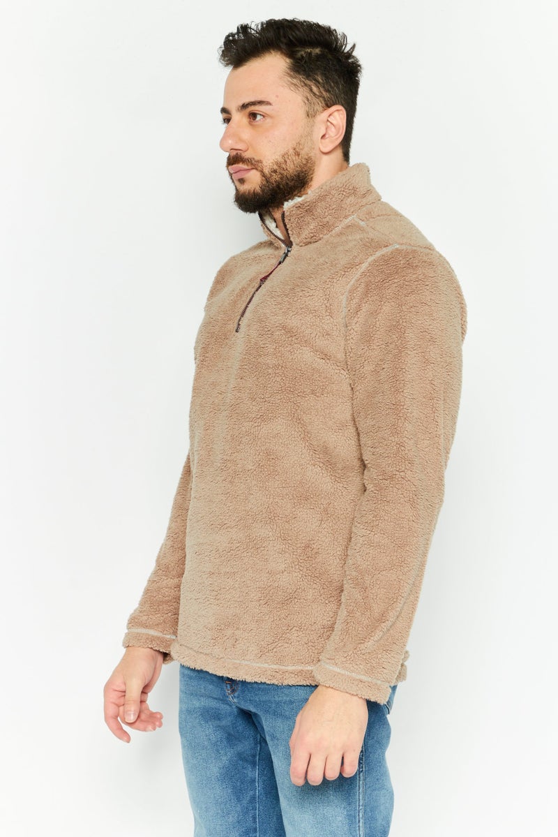 TRUE GRIT Men Mock Neck Plain Long Sleeves Sweatshirt, Tan  - Image 3