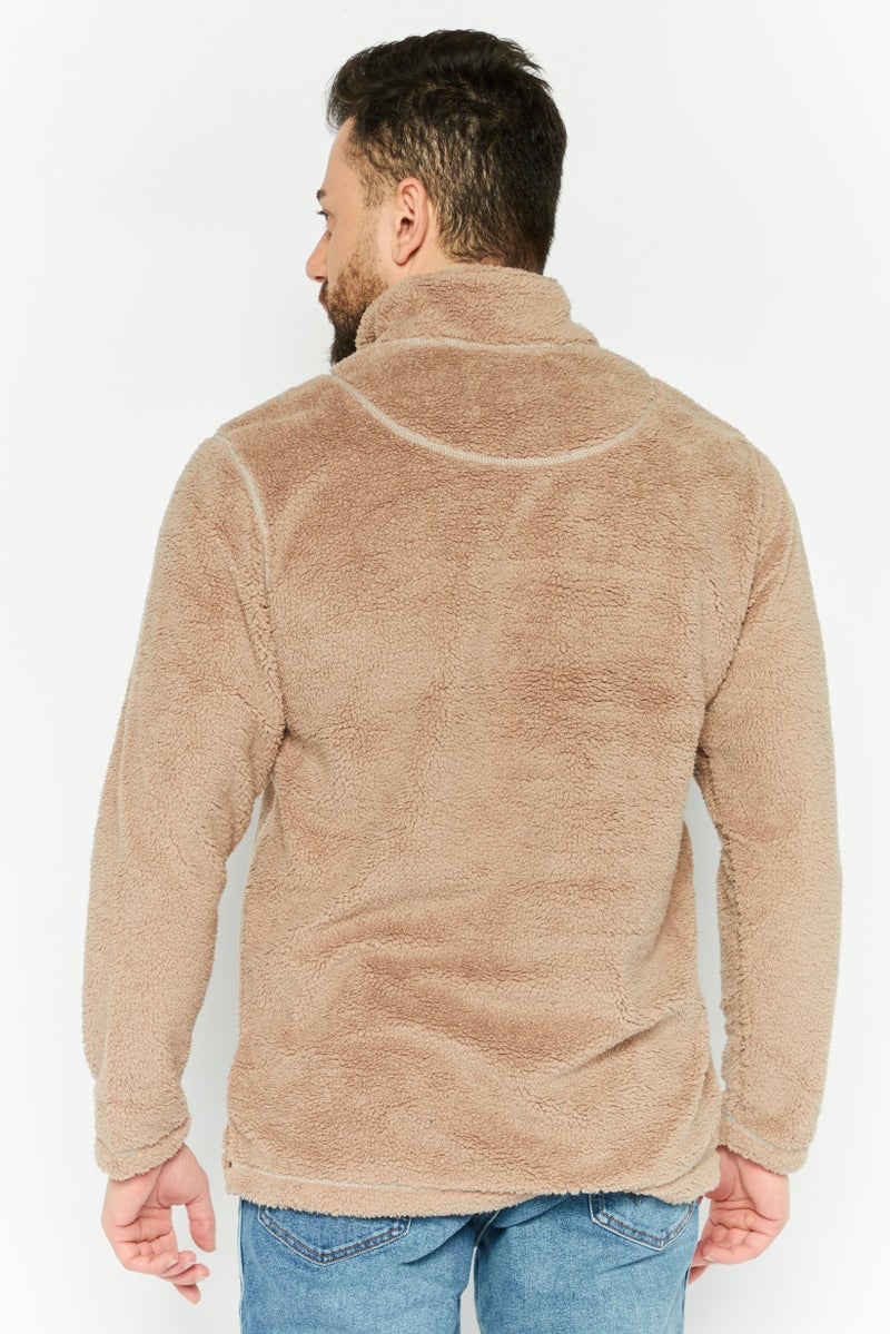 TRUE GRIT Men Mock Neck Plain Long Sleeves Sweatshirt, Tan  - Image 4