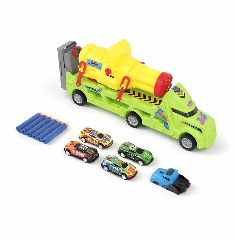O2. Green Elastic Cannon Truck Playset with 4 Tinplate Cars – Inertia Powered Launcher Vehicle with Soft Foam Darts - Image 1