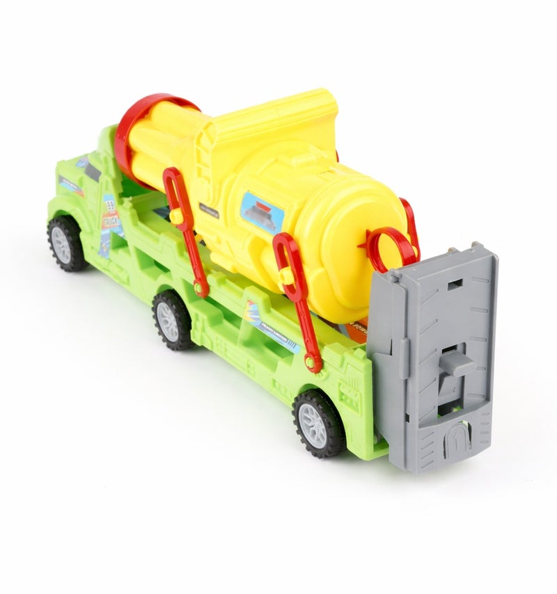 O2. Green Elastic Cannon Truck Playset with 4 Tinplate Cars – Inertia Powered Launcher Vehicle with Soft Foam Darts - Image 5