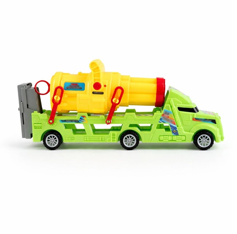 O2. Green Elastic Cannon Truck Playset with 4 Tinplate Cars – Inertia Powered Launcher Vehicle with Soft Foam Darts - Image 3
