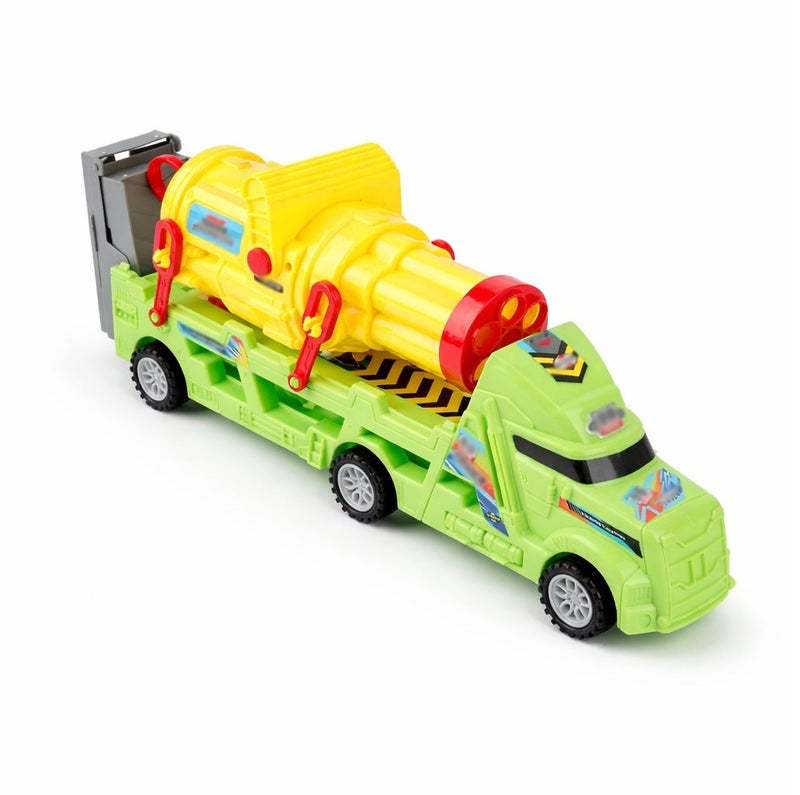 O2. Green Elastic Cannon Truck Playset with 4 Tinplate Cars – Inertia Powered Launcher Vehicle with Soft Foam Darts - Image 4