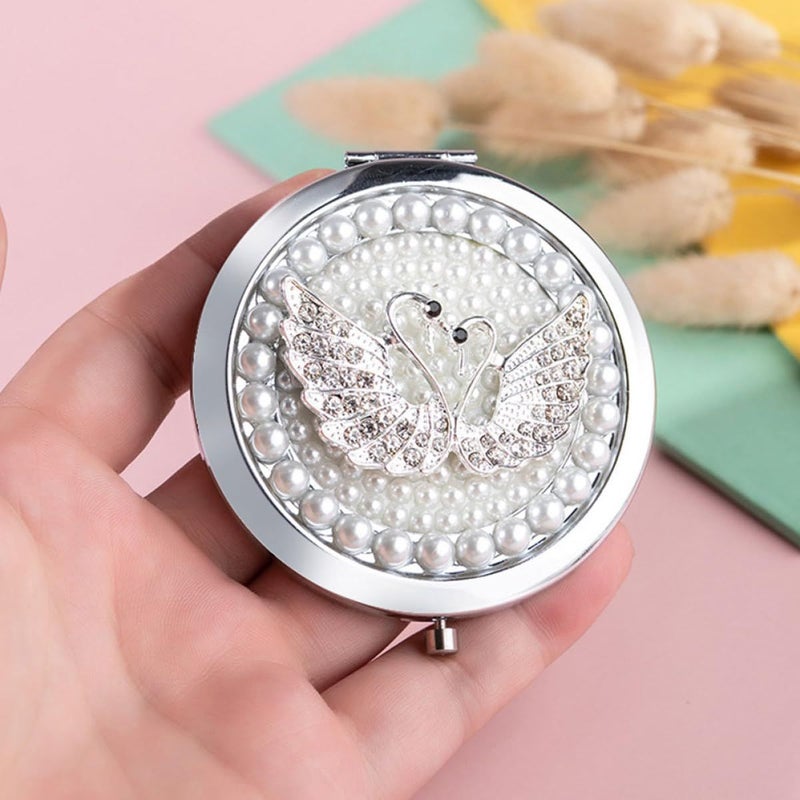 Double Sided Foldable Compact Makeup Mirror With Swan Rhinestone Travel Small Metal - Image 5