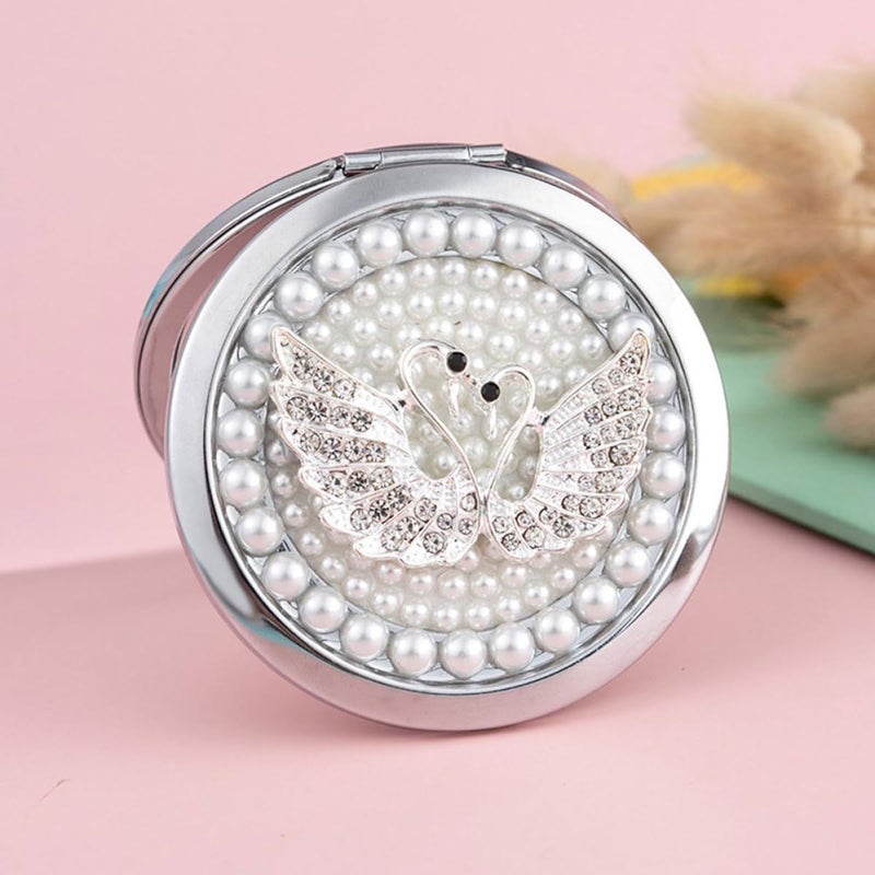 Double Sided Foldable Compact Makeup Mirror With Swan Rhinestone Travel Small Metal - Image 4