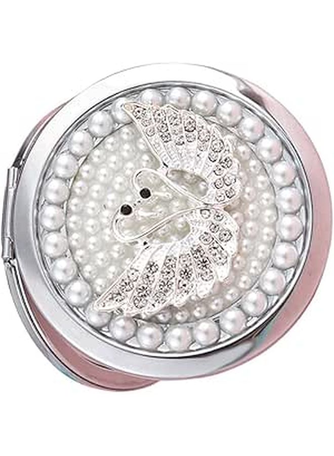 Double Sided Foldable Compact Makeup Mirror With Swan Rhinestone Travel Small Metal - Image 1