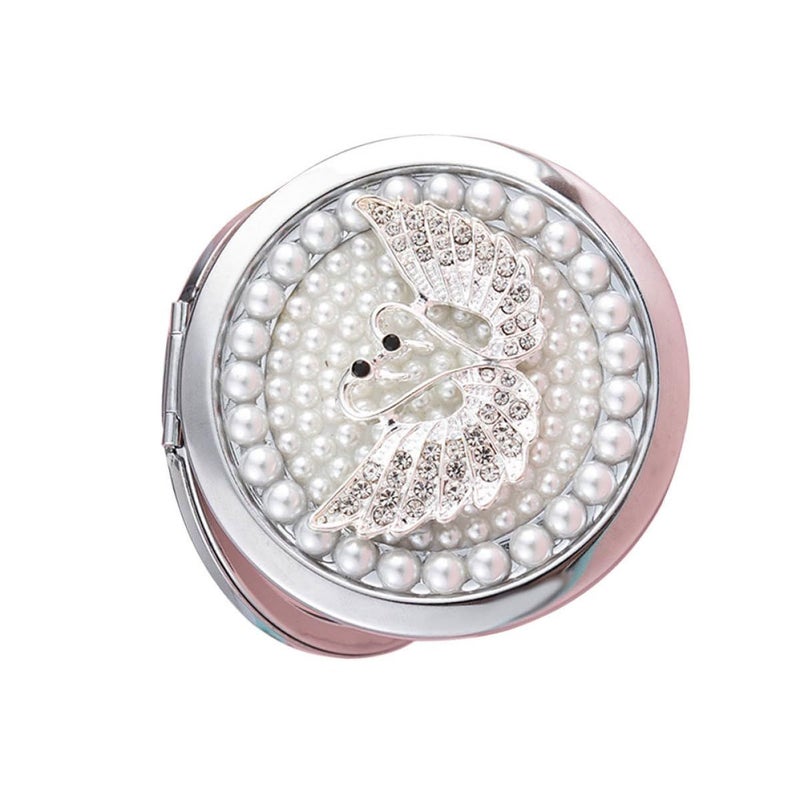 Double Sided Foldable Compact Makeup Mirror With Swan Rhinestone Travel Small Metal - Image 2