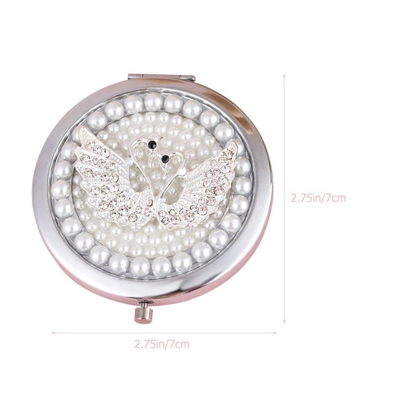 Double Sided Foldable Compact Makeup Mirror With Swan Rhinestone Travel Small Metal - Image 3