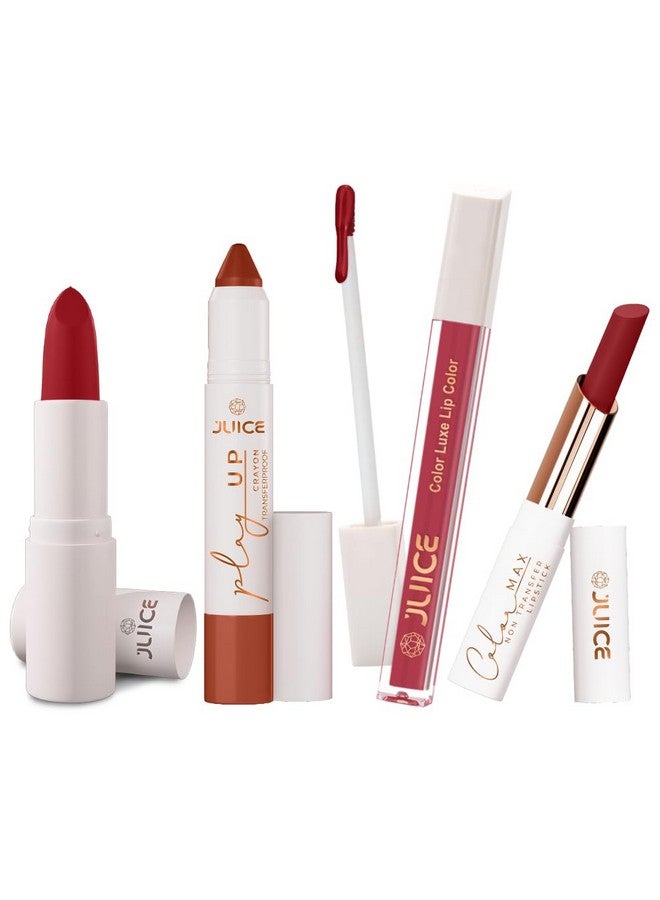 Juice Long Lasting, 4pc Lipstick Combo Set For Women(Red Addict-M03 Bullet Lipstick, Stay-MCR03 Play up Lip Crayon, Yummy Pink-M13 Liquid Lipstick, Cherry Muse-M07 Slim Stick) - Image 1