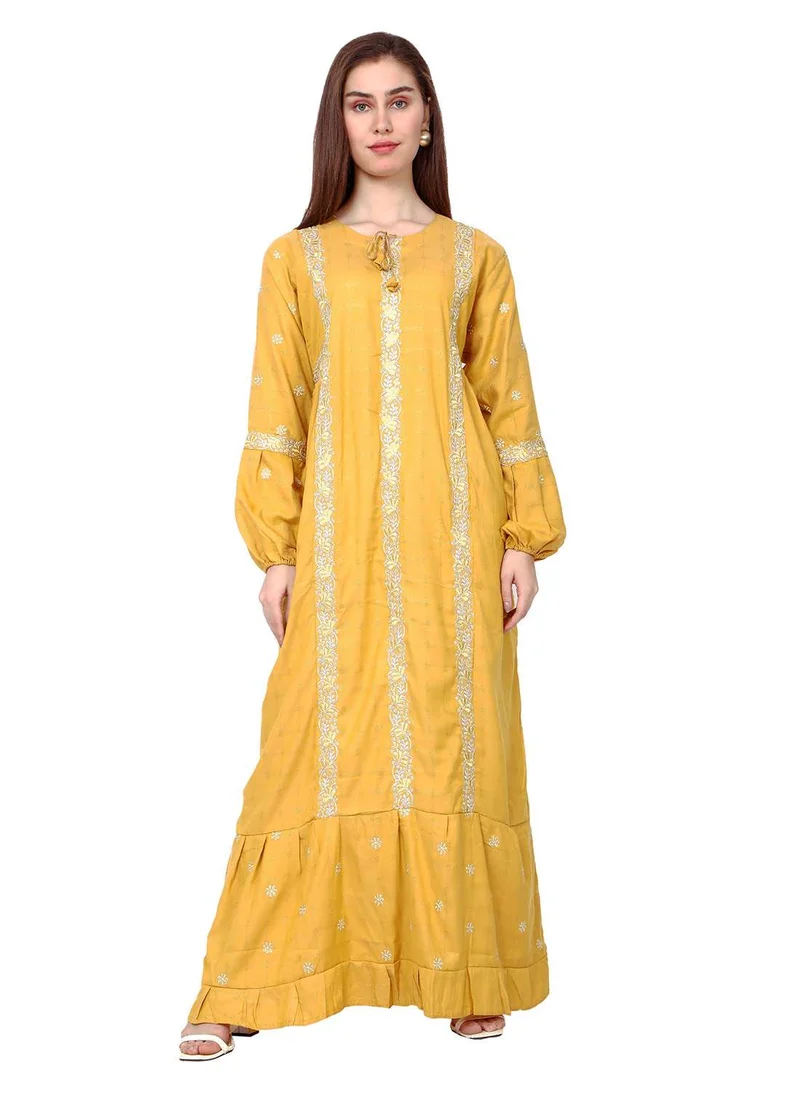 HANA & SARA STYLISH ELEGANT EMBROIDERY WORK WITH FRONT NECK TIE LONG ARABIC KAFTAN JALABIYA DRESS