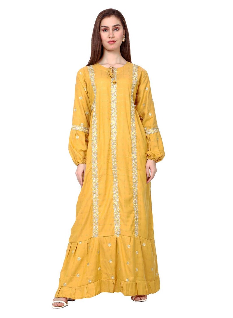 HANA & SARA STYLISH ELEGANT EMBROIDERY WORK WITH FRONT NECK TIE LONG ARABIC KAFTAN JALABIYA DRESS - Image 1