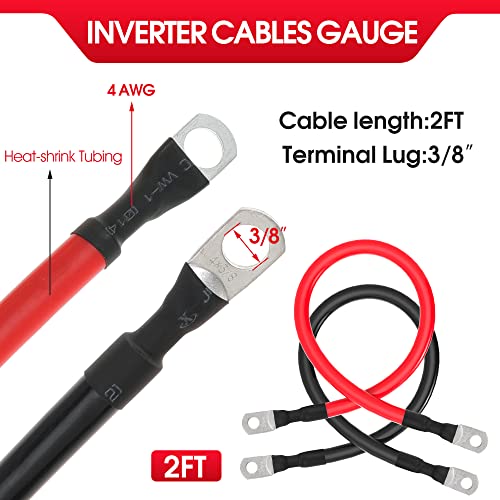 TUELETFU كابل بطارية 4 AWG كابل نحاسي نقي مع لقم 3/8 بوصة في كلا الطرفين مجموعة أسلاك العاكس للسيارات والطاقة الشمسية والقوارب والسيارات والدراجات النارية باللونين الأحمر والأسود (2 قدم) - Image 2
