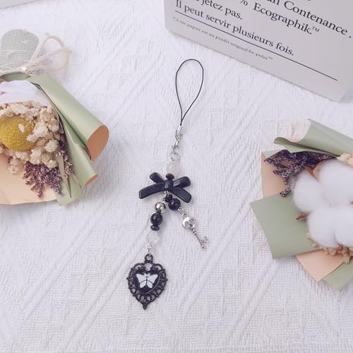 cioatu Homvog 1-4PCS Cute Phone Charms Aesthetic Y2K Cell Phone Charms Strap Strawberry Butterfly Star PhoneCharm Y2K Accessories for Bag Keychain Airpods Camera Pendants Decor (1 Black Heart) - Image 2