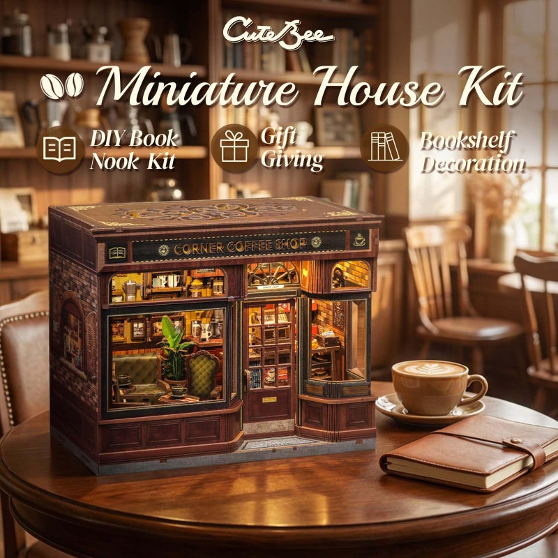 CUTEBEE Book Nook Kit - DIY Miniature House Coffee Shop Dollhouse Kit for Adults, Booknook Tiny House Bookshelf Decor 3D Wooden Puzzle, Gifts for Family, Friends (Corner Coffee Shop) - Image 3