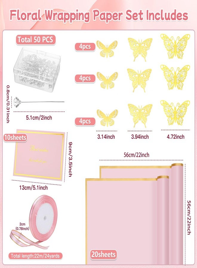 woric 93 Pcs Flower Bouquet Wrapping Paper Kits, 20 Sheets Waterproof Floral Wrapping Paper 10 Greeting Cards 12 Butterfly 50 Flower Pins 1 Roll Ribbon for Birthday Party Favor Mothers Day Graduation - Image 2
