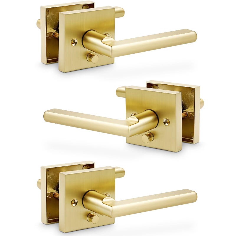 Linkaa Brushed Gold Interior Door Lever Heavy Duty Zinc AlloySatin Brass Door Handles Lever with Push Lock Keyless Lock Interior for Bedroom BathroomPrivacyBrass Gold3 Pack