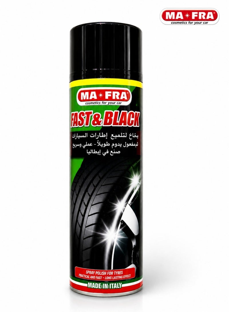 MA-FRA Fast & Black Tyre Polish Spray 500ml Aerosol for Car, SUV, Truck & Motorcycle, Deep Black Tyre Shine, Rubber Restorer, Long Lasting Gloss Protection, UV Protection, Water Repellent, Dust Resistant, Professional Tyre Care, Made in Italy - Image 1