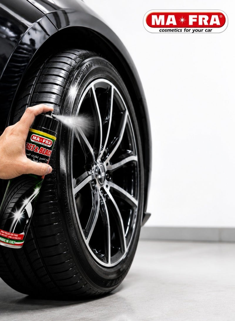 MA-FRA Fast & Black Tyre Polish Spray 500ml Aerosol for Car, SUV, Truck & Motorcycle, Deep Black Tyre Shine, Rubber Restorer, Long Lasting Gloss Protection, UV Protection, Water Repellent, Dust Resistant, Professional Tyre Care, Made in Italy - Image 2