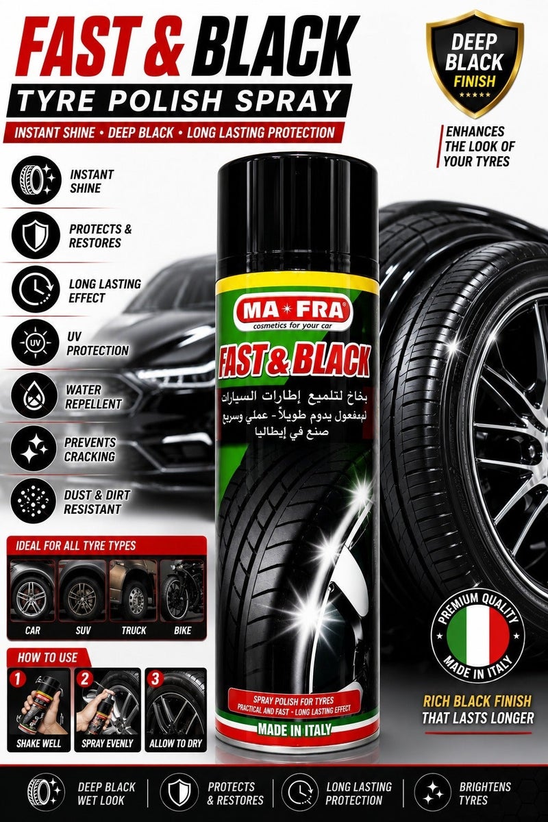 MA-FRA Fast & Black Tyre Polish Spray 500ml Aerosol for Car, SUV, Truck & Motorcycle, Deep Black Tyre Shine, Rubber Restorer, Long Lasting Gloss Protection, UV Protection, Water Repellent, Dust Resistant, Professional Tyre Care, Made in Italy - Image 4
